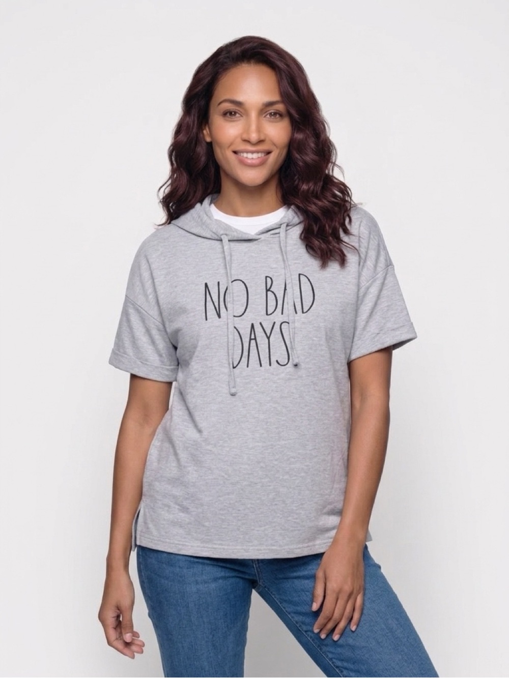Rae Dunn "NO BAD DAYS" Gray Short Sleeve Hoodie Women's Size L